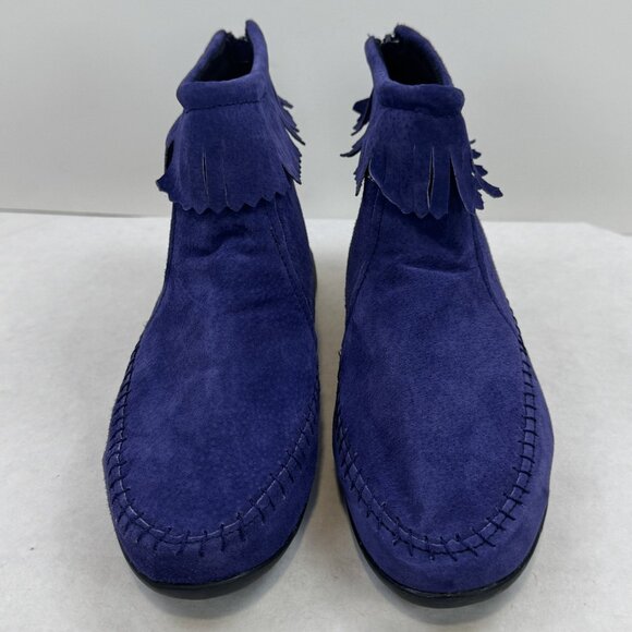 ABCDEFG Womens Size 8.5 W Purple Leather Moccasin Ankle Boots Suede Fringe Zip - Picture 2 of 14